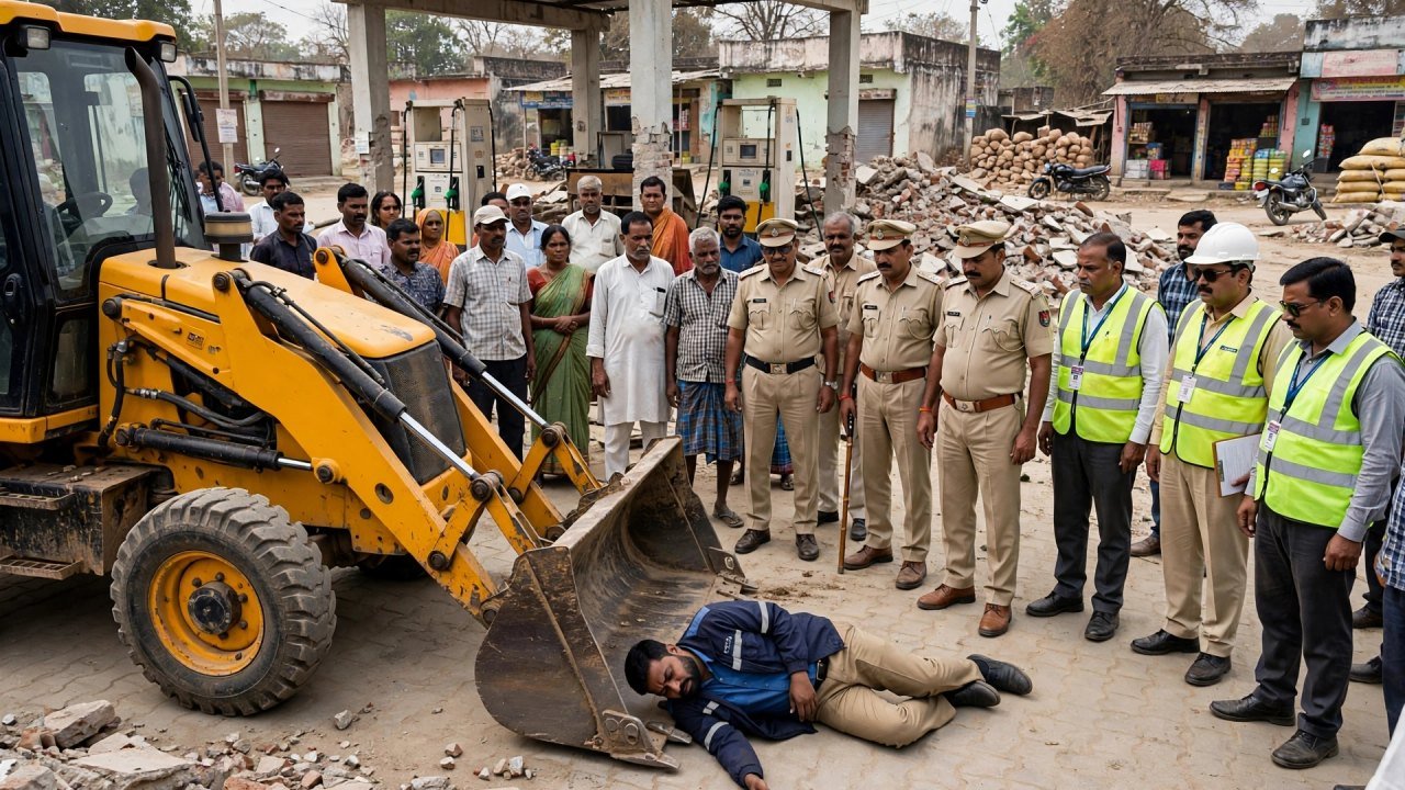 शिवपुरी: पेट्रोल पंप पर कब्जे को लेकर हंगामा, JCB के आगे लेटा कर्मचारी