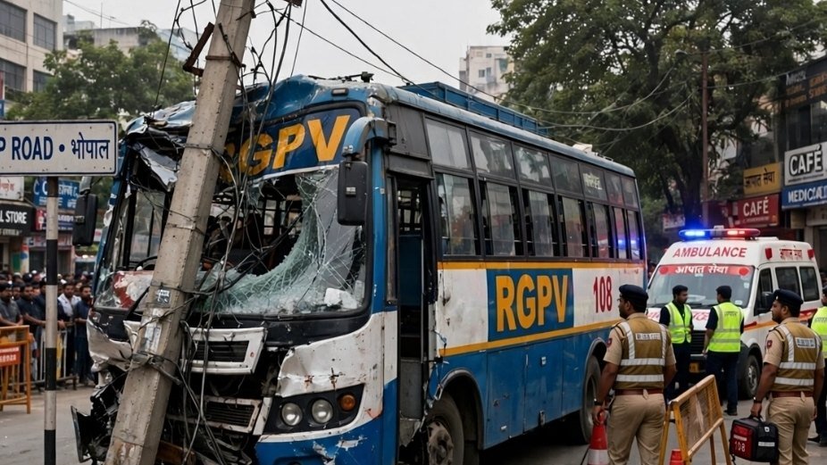 RGPV बस ने बिजली के खंभे को मारी टक्कर, 15 छात्र घायल RGPV बस ने बिजली के खंभे को मारी टक्कर, 15 छात्र घायल