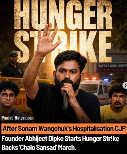 सोनम वांगचुक के अस्पताल में भर्ती होने के बाद अनिश्चितकालीन भूख हड़ताल की घोषणा करते हुए समर्थकों को संबोधित करते कॉकरोच जनता पार्टी के संस्थापक अभिजीत दीपके।
